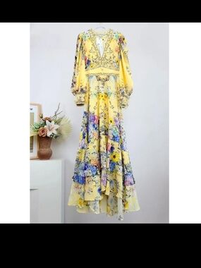 Yellow Floral Maxi Dress with V-Neck and Puff Sleeves